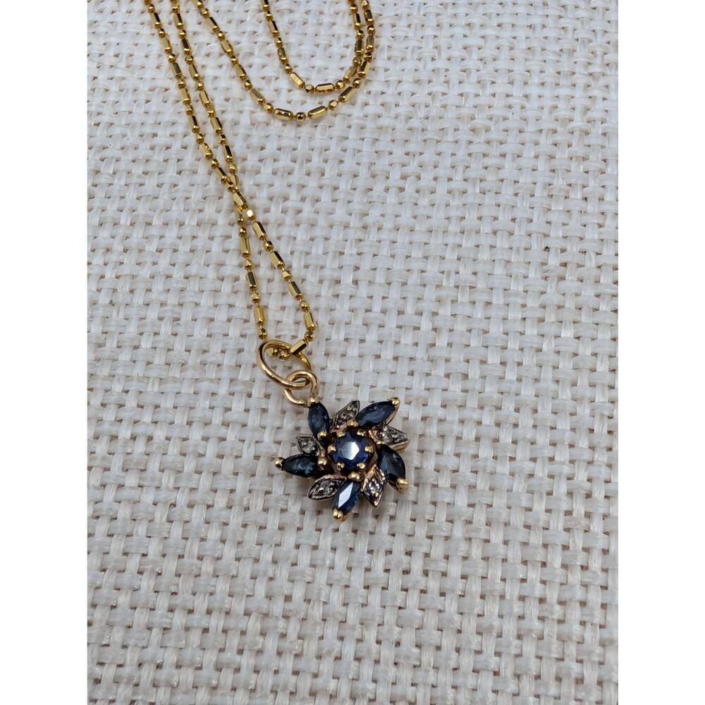 Solid 14K Gold Natural Blue Sapphire & Diamond Flower Pendant Necklace 585 Italy - Picture 12 of 16